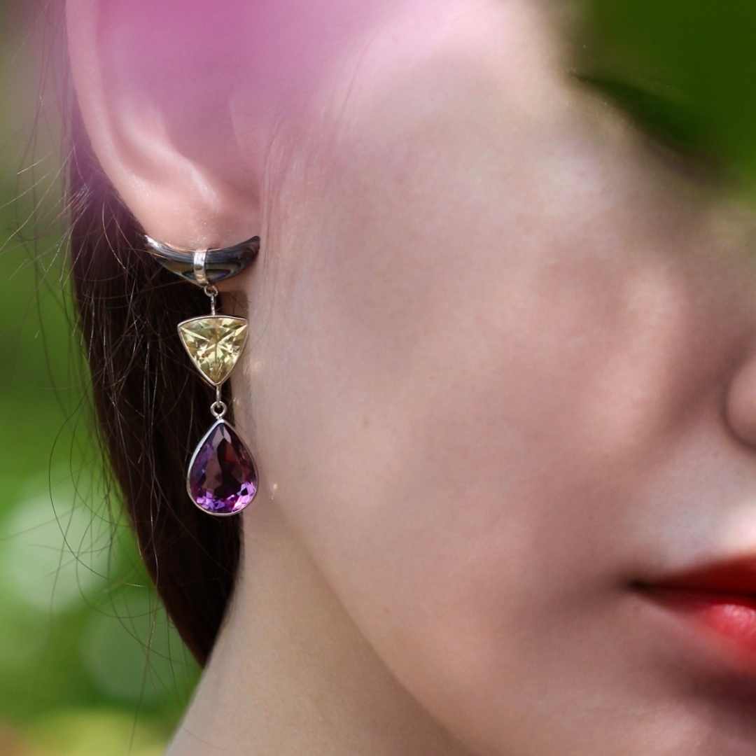 handmade symbolic spiritual jewellery sustainable fashion one of the kind crystal aurora earring citrine amethyst