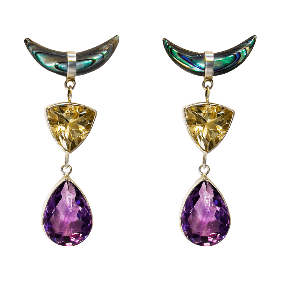 neila nilow handmade symbolic spiritual jewellery sustainable fashion one of the kind crystal citrine amethyst abalone shell earrings one of the kind aurora