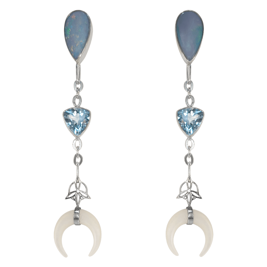 neila nilow handmade symbolic spiritual jewellery sustainable fashion one of the kind crystal aquamarine opal boho earrings