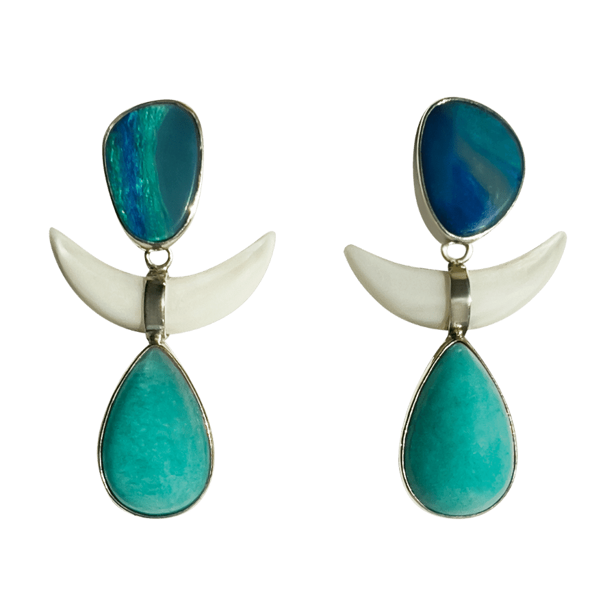 neila nilow handmade symbolic spiritual jewellery sustainable fashion one of the kind crystal opal amazonite shell luna earrings one of the kind bridal blue