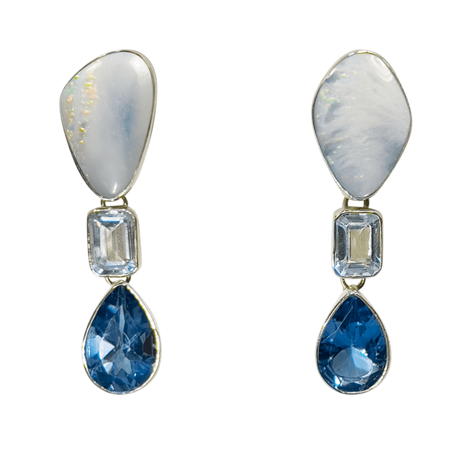 neila nilow handmade symbolic spiritual jewellery sustainable fashion one of the kind crystal opal aquamarine swiss topaz earrings one of the kind bridal blue