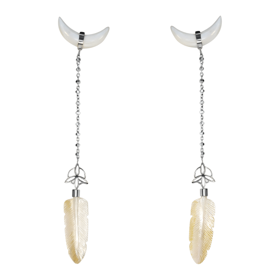 neila nilow handmade symbolic spiritual jewellery sustainable fashion one of the kind crystal feather crescent moon bride earrings